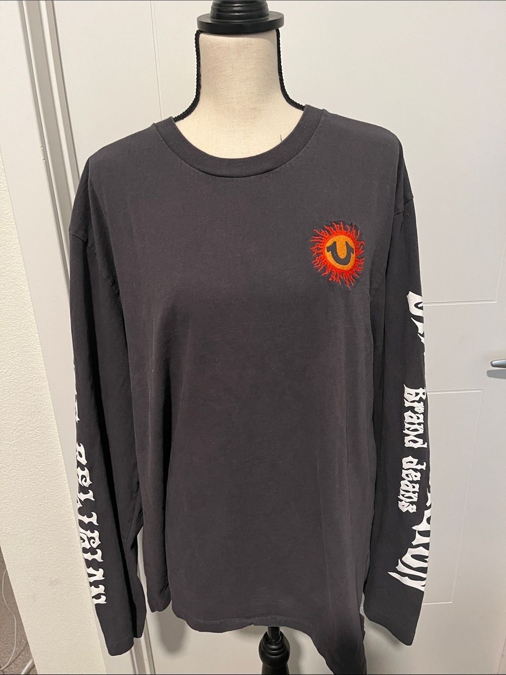 True Religion Gray Long-Sleeve Graphic Crewneck with Red-Orange Sun Logo